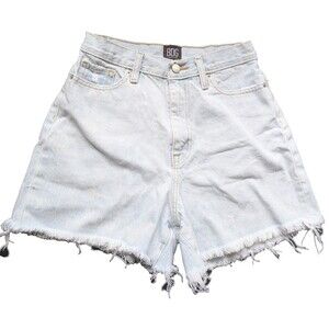 BDG Women Denim Short Mom High Rise Raw Hem Light Wash Distressing Size 25